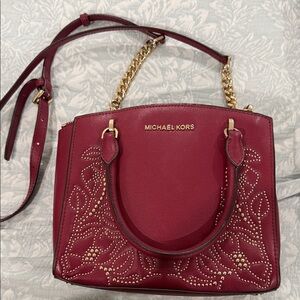 Michael Kors Burgundy Satchel with Gold-Tone Studded Floral Design